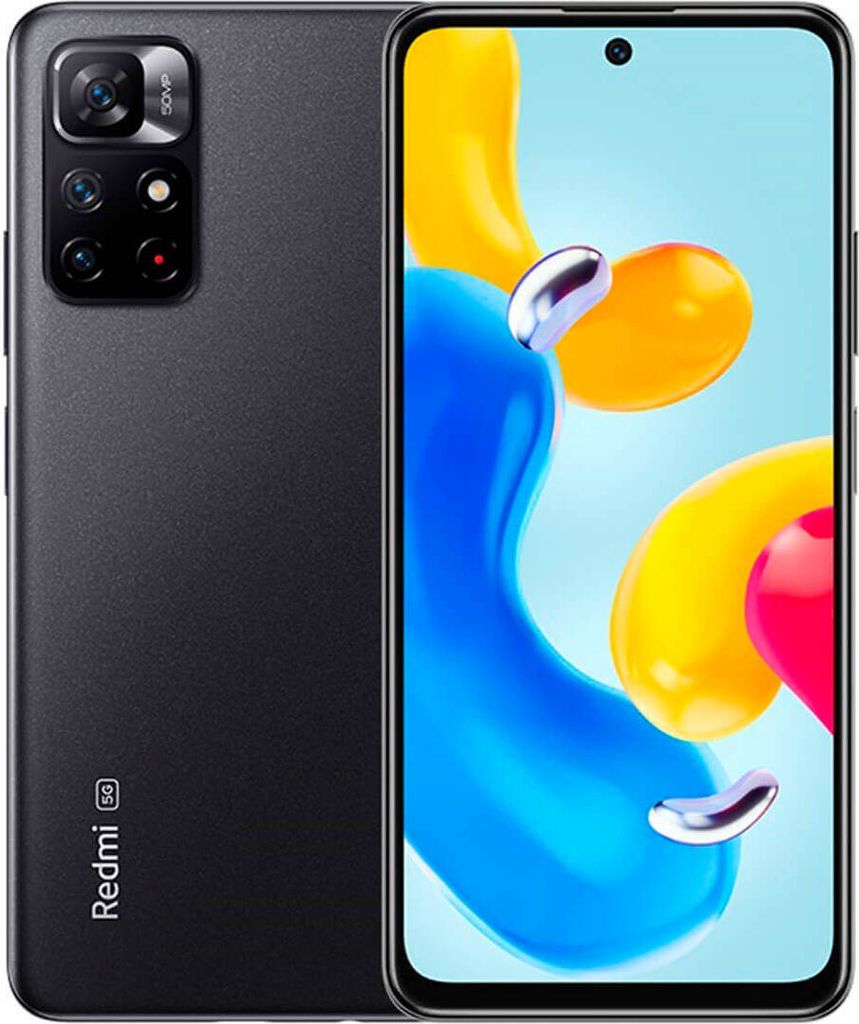 A black Xiaomi Redmi Note 11S 5G smartphone is shown from the back and side, with its screen displaying a colorful abstract image.