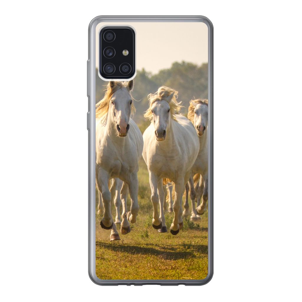MuchoWow Handyhülle Schutzhülle Hülle für Samsung Galaxy A52 5G Galoppierende weiße Pferde Silikon Softcase Handy Hülle - Umschlag