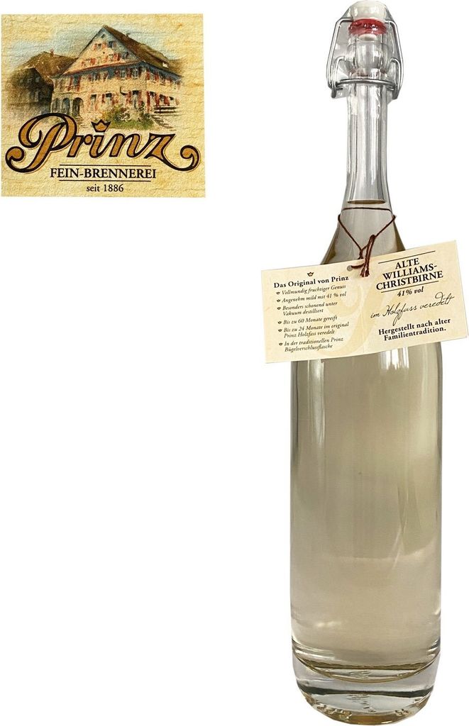 A bottle of Prinz Alte Williams-Christbirne schnaps next to its label.