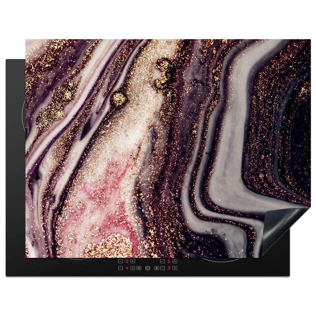 KitchenYeah Herdabdeckplatte Marmor - Rosa - Gold - Glitzer - Marmoroptik , 77x59cm, Küche Deko, Glaskeramikkochfeld Herdabdeckung, Abdeckplatte...