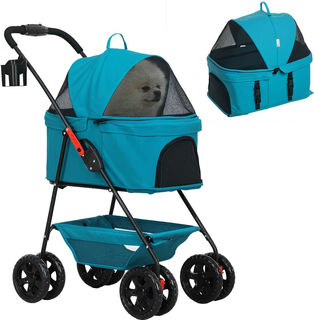PawHut Hundewagen 3 in 1 Hundebuggy Faltbar Hundebox, klappbar Transporttasche mit Getränkehalter, Hunde Buggy, Katzenwagen mit 360° Räder Katze...