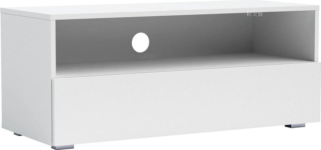 A white TV lowboard with a drawer and an open shelf with a cable management hole.