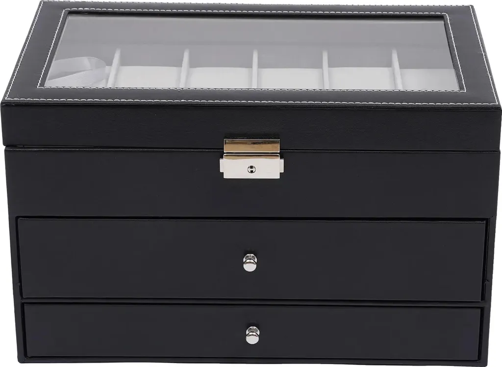 Coffret montres noir 3 niveaux avec vitrine en verre et tiroirs de luxe