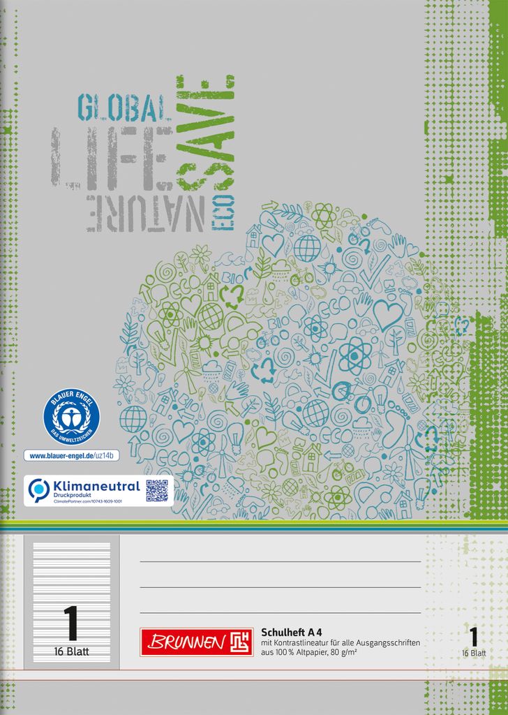 Brunnen Recycling-Schulheft DIN A4 Liniatur 1 (16 Blatt, einfaches Heft)