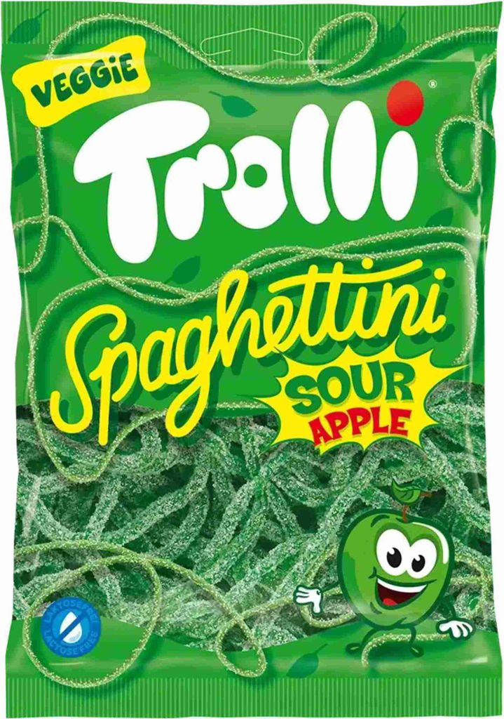 A bag of Trolli Spaghettini Sour Apple candy.