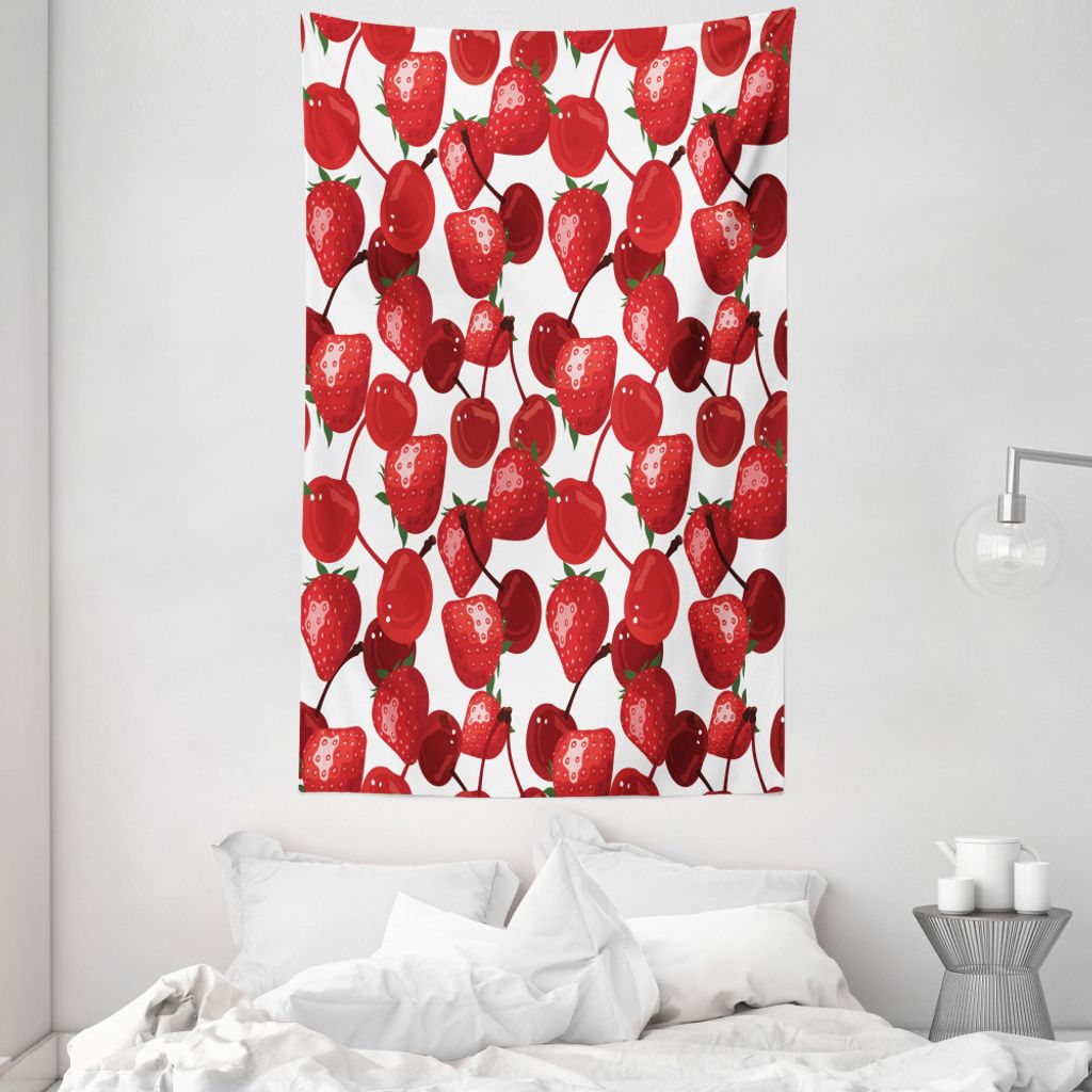 ABAKUHAUS rot Wandteppich und Tagesdecke, Kirsche Picknick Frühling Früchte aus Weiches Mikrofaser Stoff Waschbar ohne Verblassen Digitaldruck, 1...