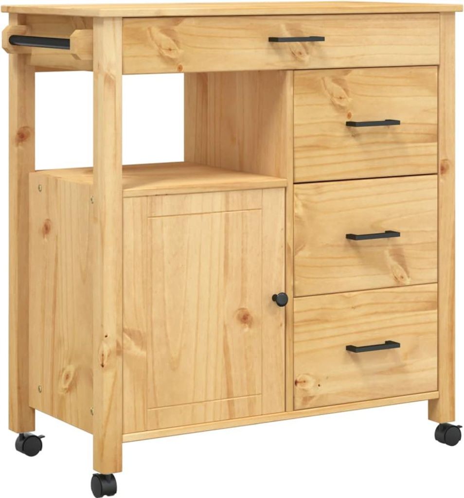 A wooden kitchen cart with drawers and a cabinet, shown from the front.