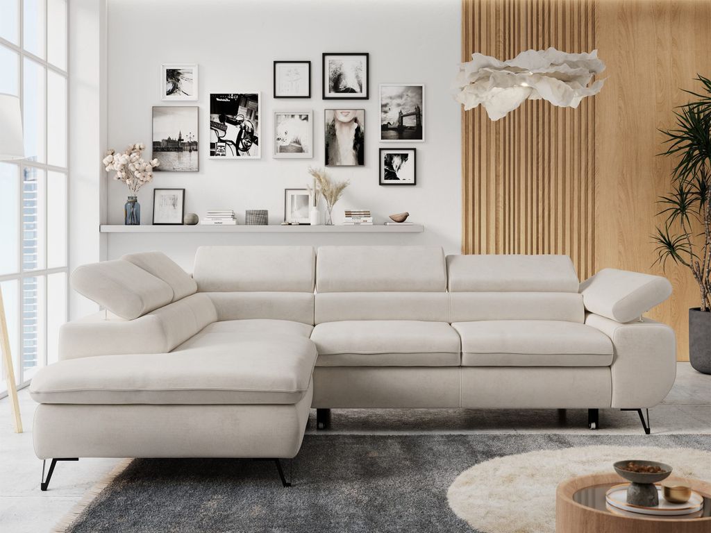Ecksofa Sofa Beige, Wohnlandschaft L-Form mit Schlaffunktion und Bettkasten, Schlafsofa mit Bettkasten, Sofa mit Einstellbare Kopfstützen, Peter L...