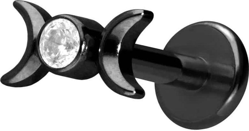 Ohrpiercing, Nasenpiercing Titan Labret mit Push Fit 2 MONDE + KRISTALL Schwarz Stablänge: 8mm | Stabstärke: 1,2mm
