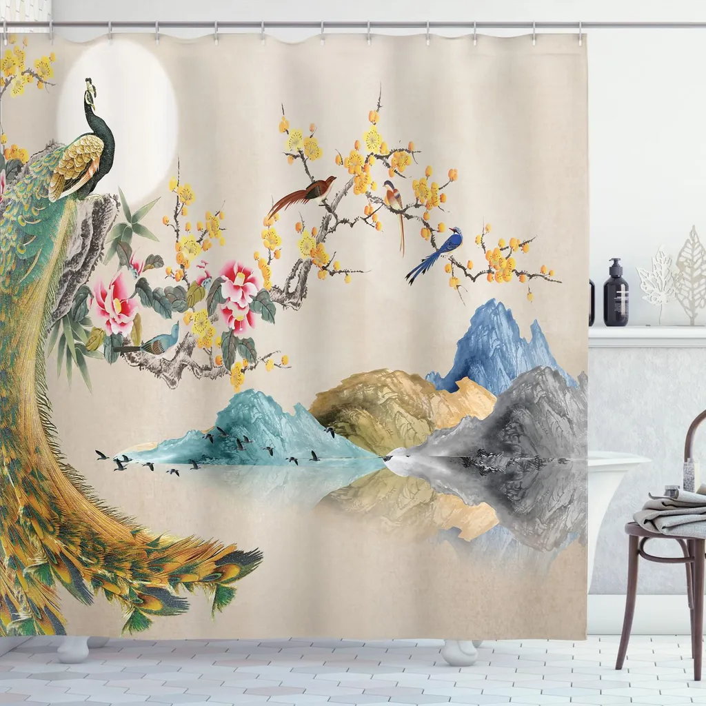 ABAKUHAUS Tenda da doccia asiatica, paesaggio artistico con rami floreali di pavone e montagne giapponesi in primavera, 175 x 180 cm, marrone chiaro multicolore