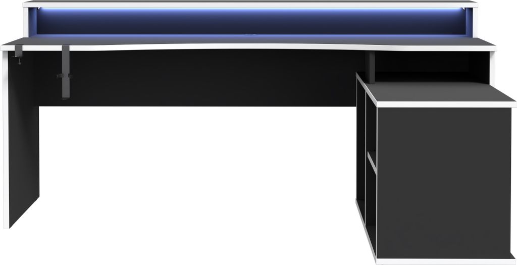 Eckschreibtisch >TEZAUR< LED-Beleuchtung, Ablage, Weiss / Schwarz - 200x91,1x125,4cm (BxHxT)