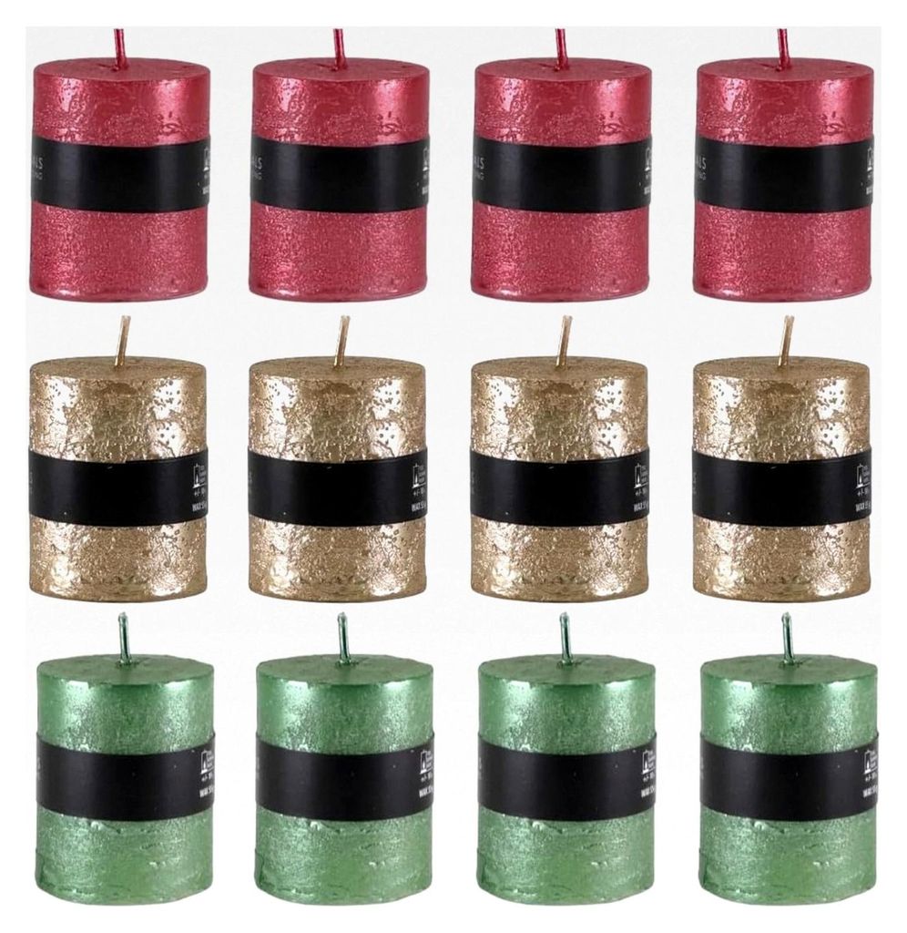 12x Rustikale Mini Stumpenkerzen ca. 4 x 5 cm im glänzenden Antik-Look in Rot, Grün und Gold