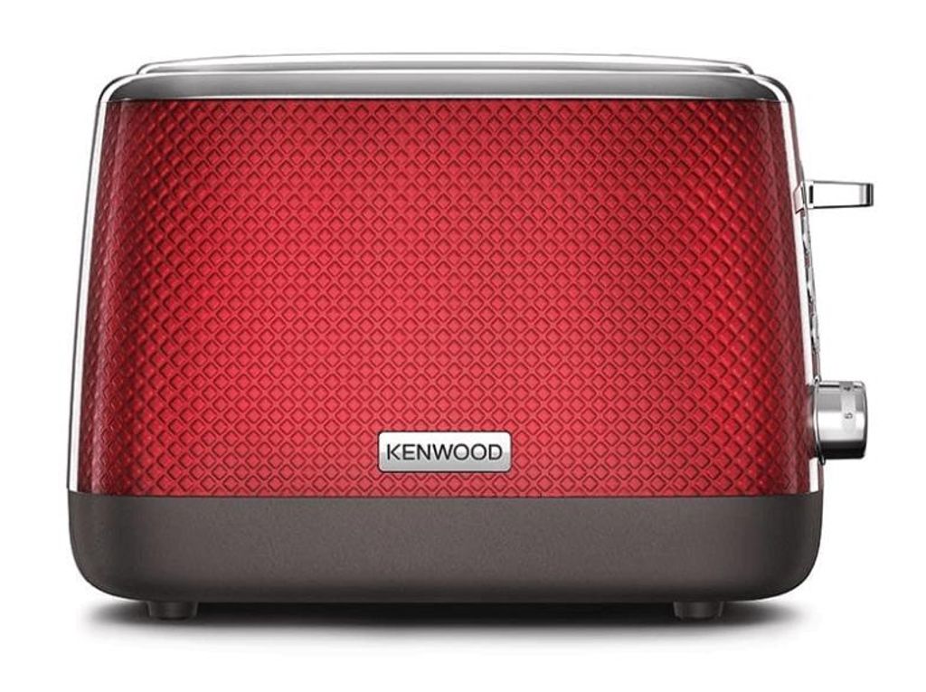A red Kenwood toaster on a white background.