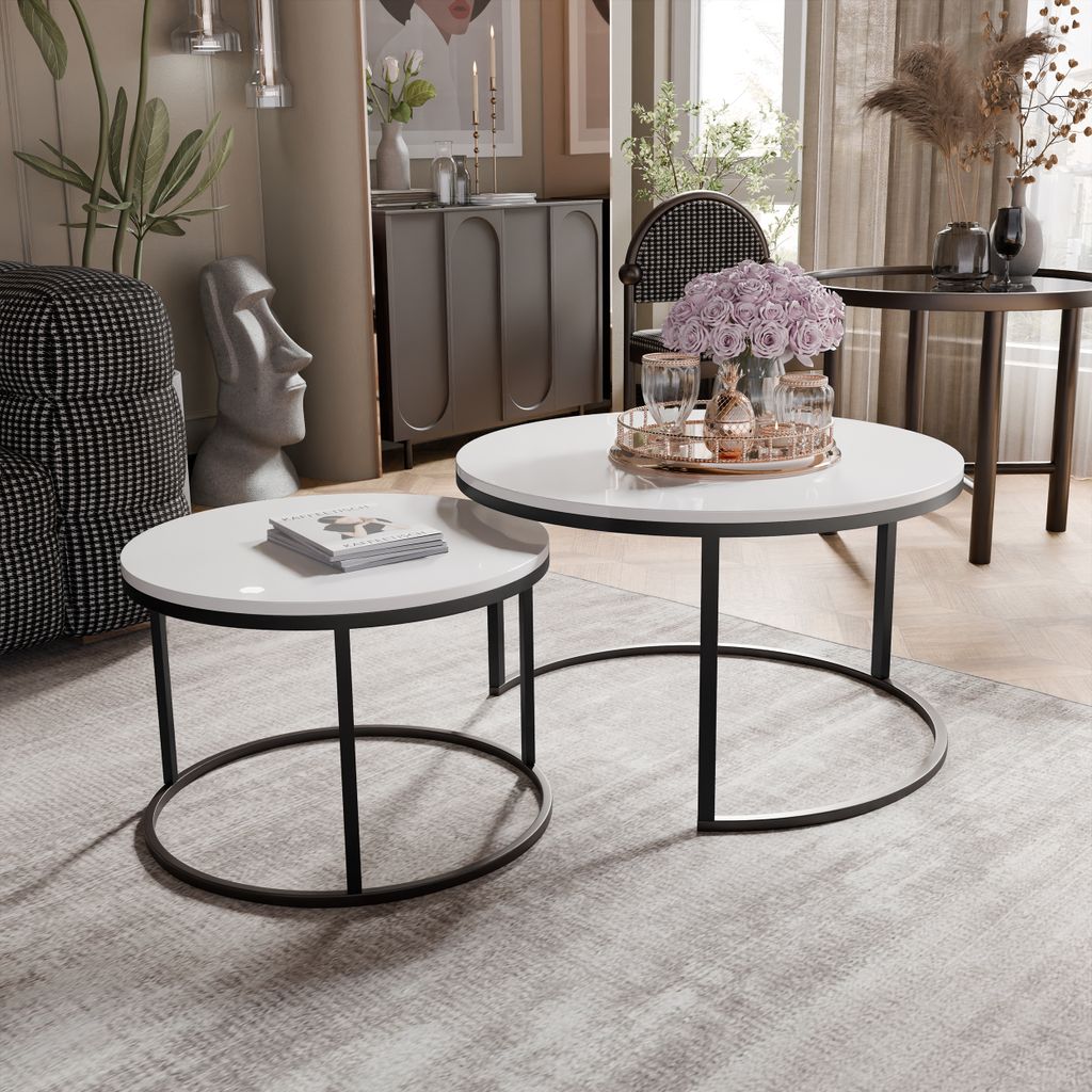 Idohome - Runder Couchtisch 2in1 LAVO mit Metalgestell, 80x48 cm+60x42 cm (Ø x H) Farbe: Schwarz / Weiß Hochglanz