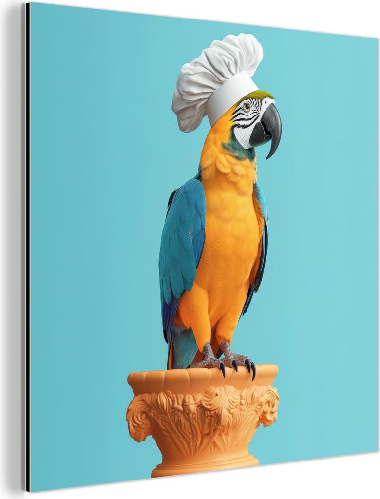 MuchoWow Wanddekoration Metall Metallbild Wandkunst 50x50 cm Papagei - Kochmütze - Lustig - Vogel MuchoWow Aluminium Gemälde - Alubild - Industrial