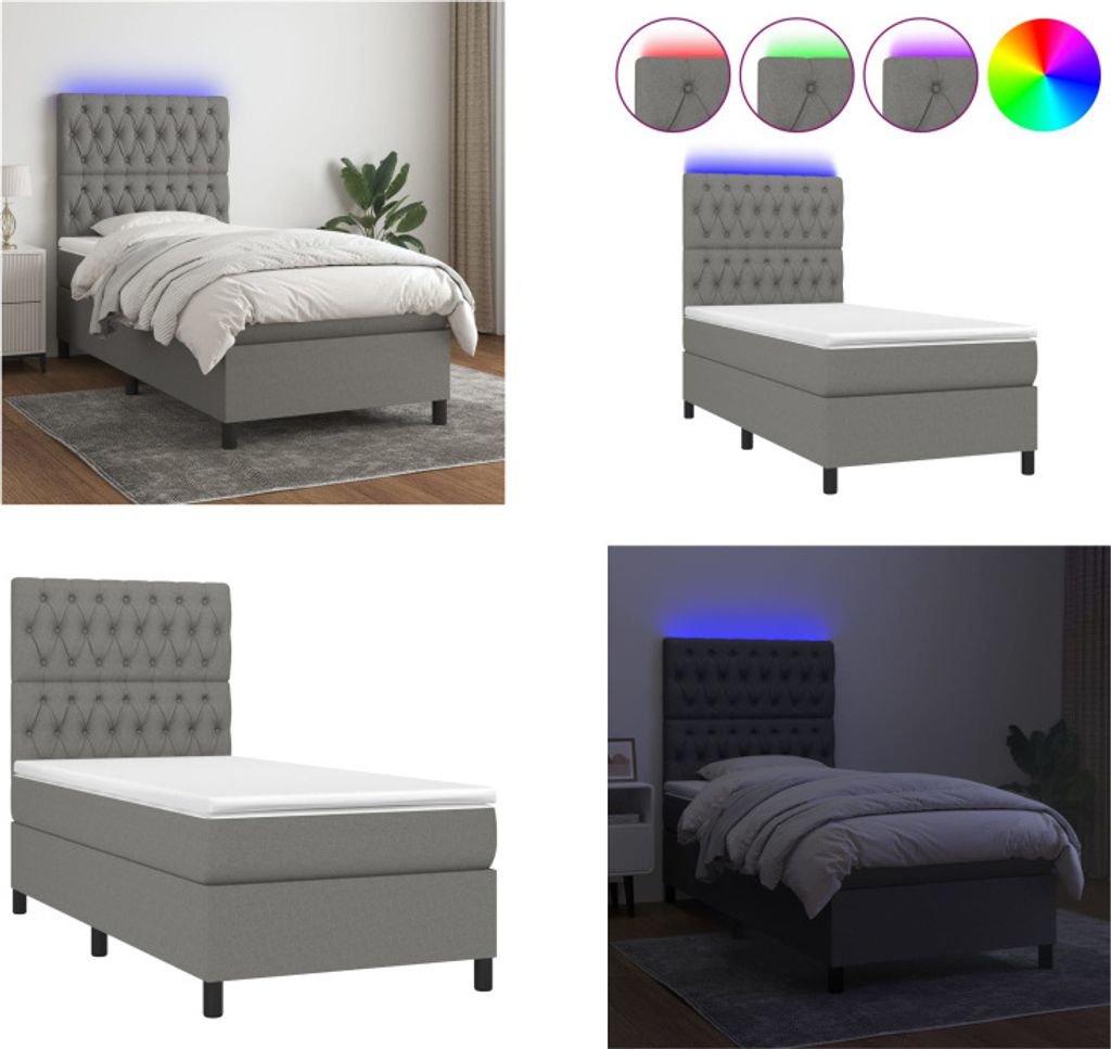 vidaXL Boxspringbett mit Matratze & LED Dunkelgrau 100x200 cm Stoff - Boxspringbett - Boxspringbetten - Bett - Schlafzimmermöbel