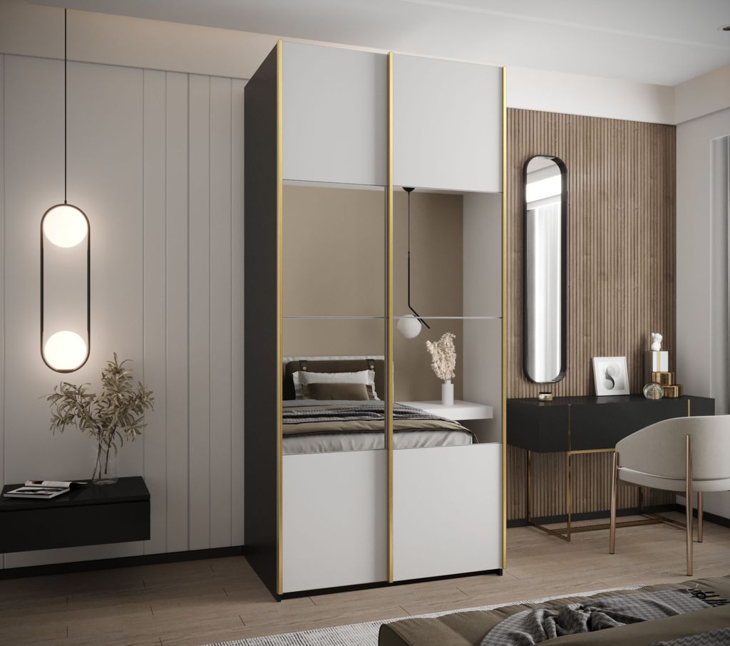 Zweitüriger Kleiderschrank SAMARA 4 - 120 cm, schwarz/weiß/gold