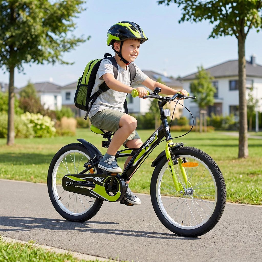 Actionbikes Kinderfahrrad Wasp 20 Zoll | Kinder Fahrrad - V-Brake Bremsen - Kettenschutz - Fahrradständer - 6-9 Jahre (Schwarz/Grün)