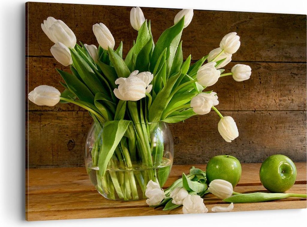 Bild auf Leinwand - Leinwandbild - Tulpen Apfel Blumenstrauß Frühling - 100x70cm - Wand Bild - Wanddeko - Leinwanddruck - Bilder - Kunstdruck - L...