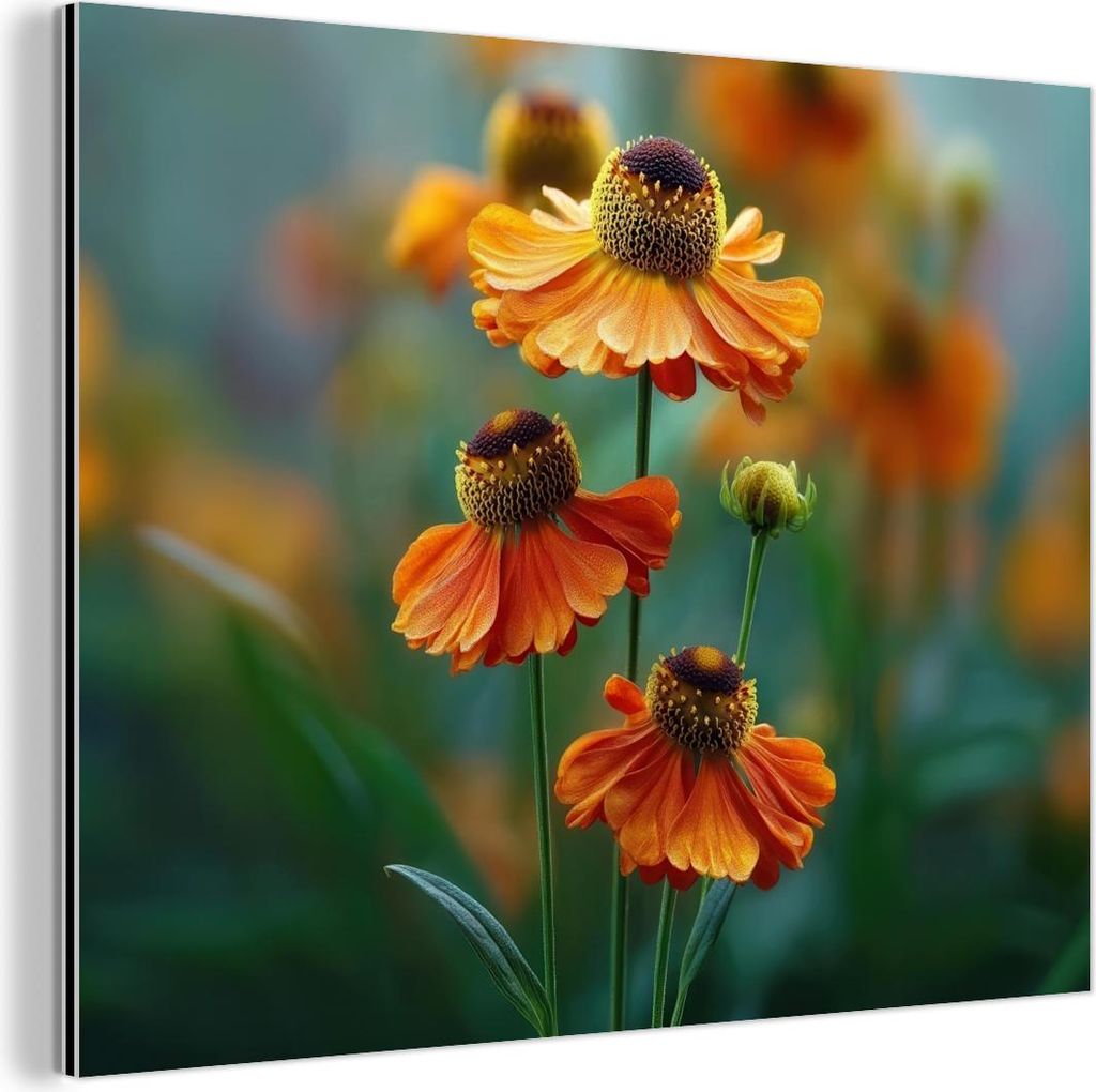 MuchoWow Wanddekoration Metall Metallbild Wandkunst 80x60 cm Orangefarbene Blumen - Lebendig - Unscharfer Hintergrund MuchoWow Aluminium Gemälde -...