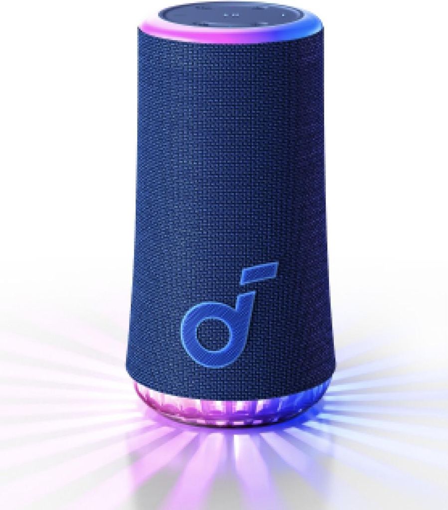 A blue cylindrical speaker with a glowing light ring at the top and bottom, and a logo on the front.