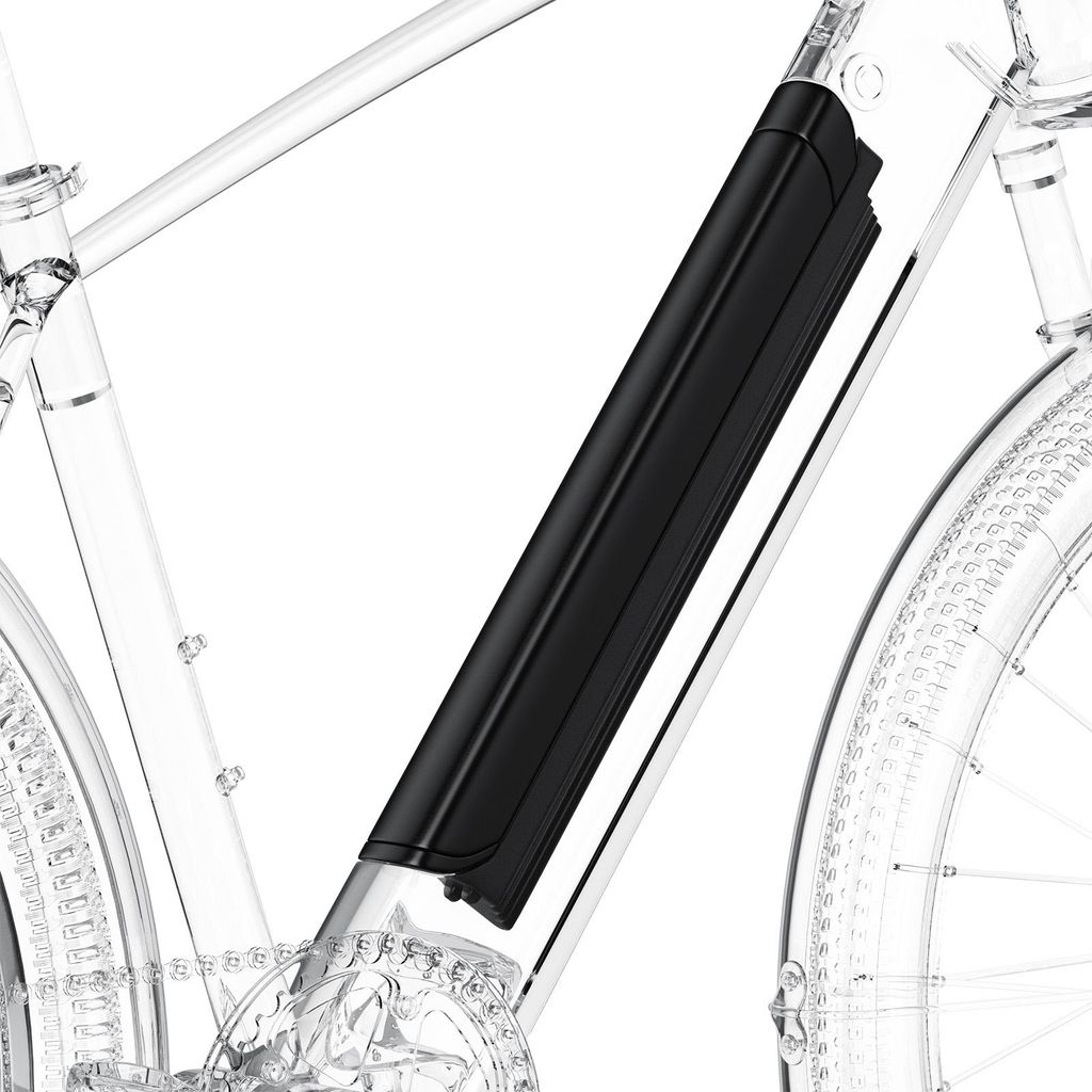 A close-up view of an electric bicycle frame with a black battery pack attached to the down tube. The bicycle frame is rendered in a transparent or glass-like material, highlighting its internal structure. The background is plain white.