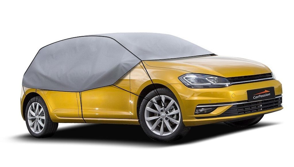 A yellow car covered with a gray car cover, shown from the front-left side against a white background.