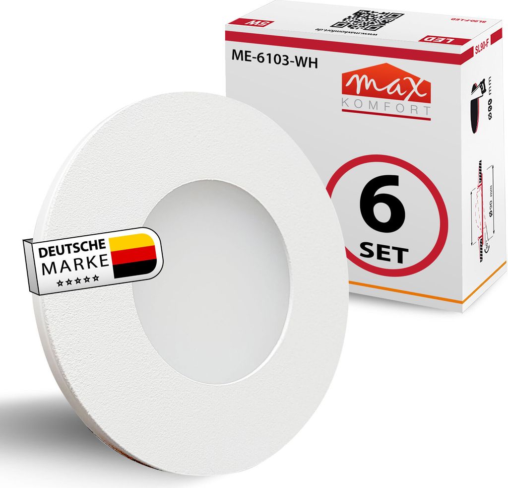 6er SET LED Treppenbeleuchtung aus Aluminium für Schalterdosen 0,5W warmweiß Rund Stufenbeleuchtung Treppenlicht Wandleuchten 6103R-WH