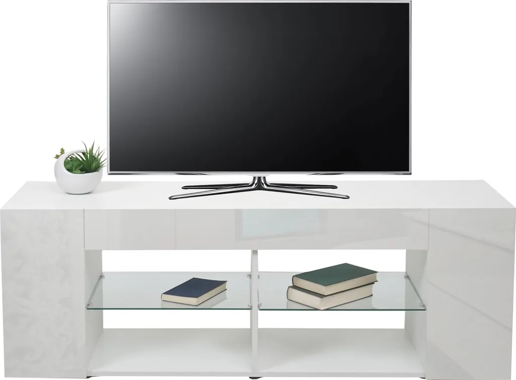 Meuble TV HWC-L36 en bois blanc brillant de 144 cm avec rangements