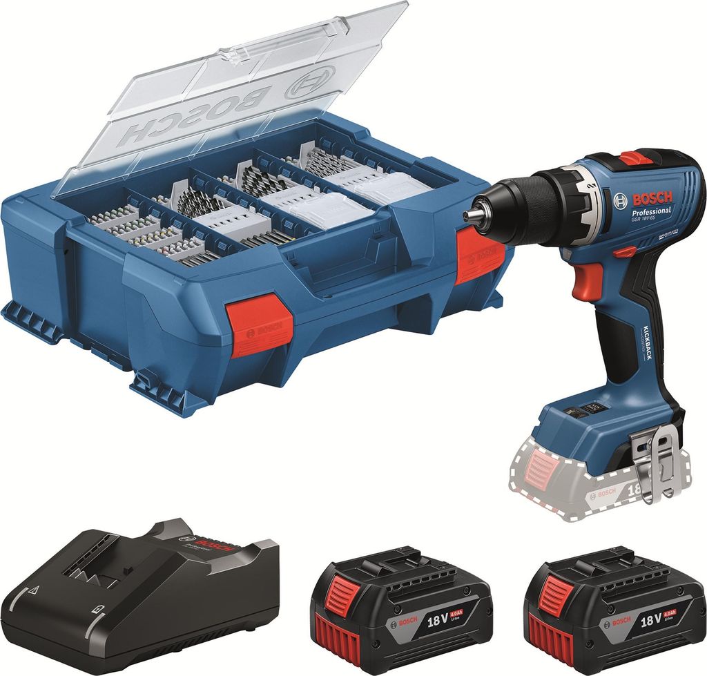 A set of Bosch power tools including a drill, batteries, charger, and a bit case.