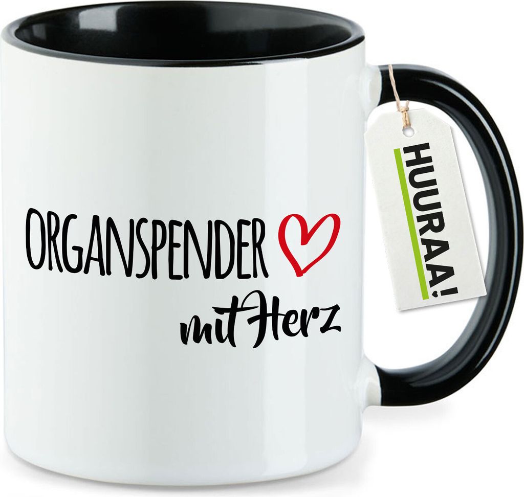 Huuraa Kaffeetasse Organspender mit Herz 330ml Schwarz Keramik Kaffeebecher Geschenkidee