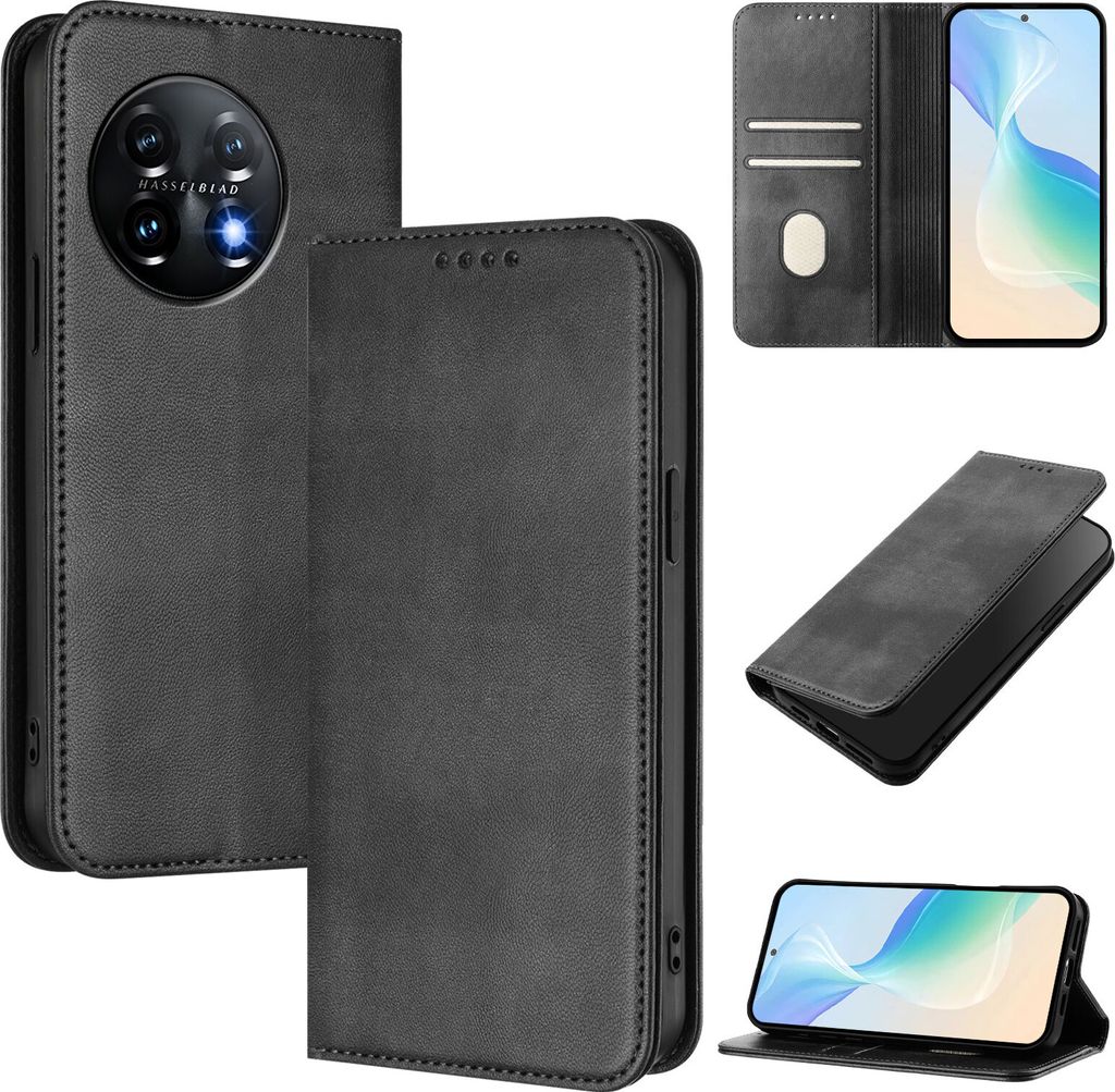 Handyhülle für OnePlus 11, Vintage Leder RFID Schutz Kartenfach Standfunktion Magnetische Klapphülle Schwarz