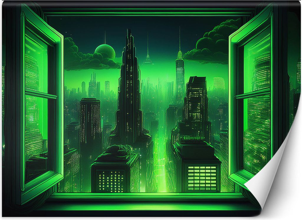 Vlies fototapete Blick aus dem Fenster Futuristische Stadt 300x210 cm Feeby Grün inkl. Kleber einfache Montage