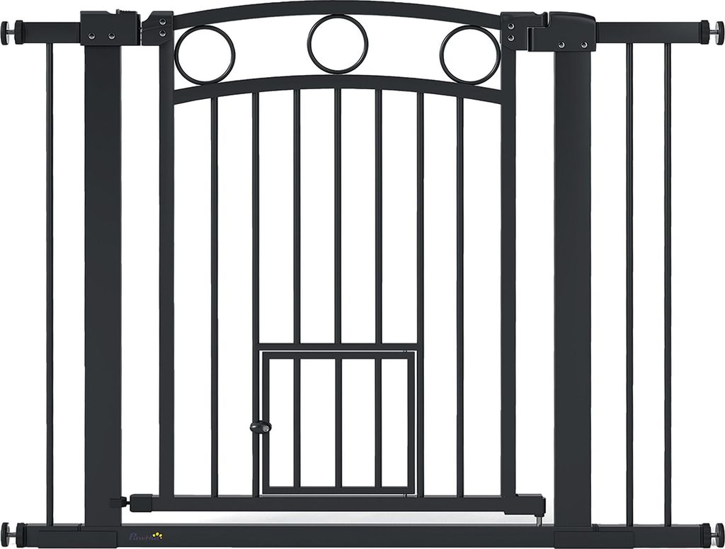 Haustiertor, 77 cm Treppengatter, verstellbare Breite 76-104 cm, mit Katzentür, für Treppen und Türöffnungen, Schwarz