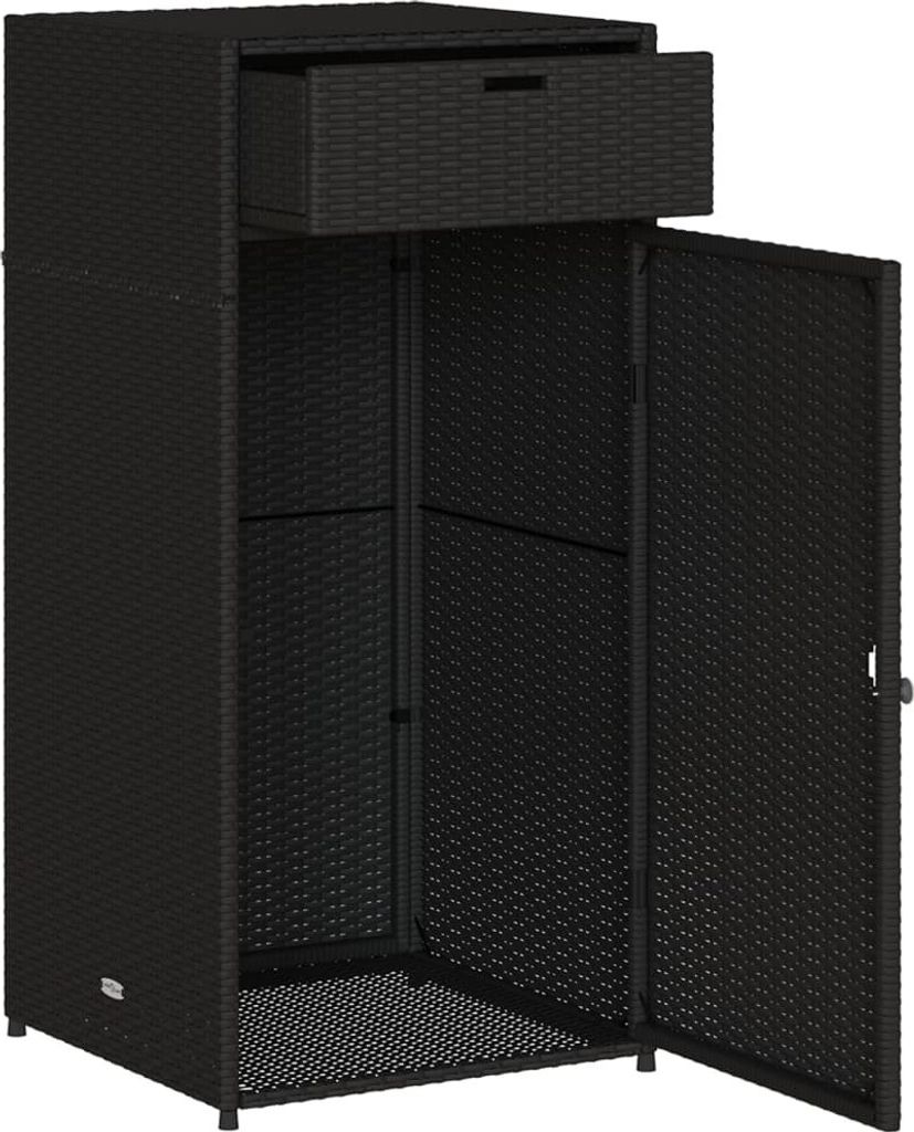 A black poly rattan garden storage cabinet with one drawer and two doors, shown with the doors open.