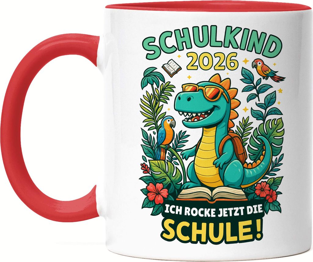 Schulkind 2026 Dino Tasse Rot Ich rocke jetzt die Schule Einschulung Geschenk Erstklässler Kinder cooles Motiv