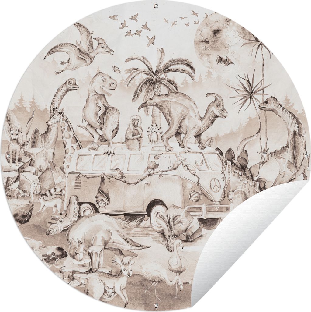 MuchoWow Gartenposter Outdoor-Poster Rund Dinosaurier - Bus - Kinder - Tiere - Bäume Ø 60 cm Gartendeko Rundes Poster draußen