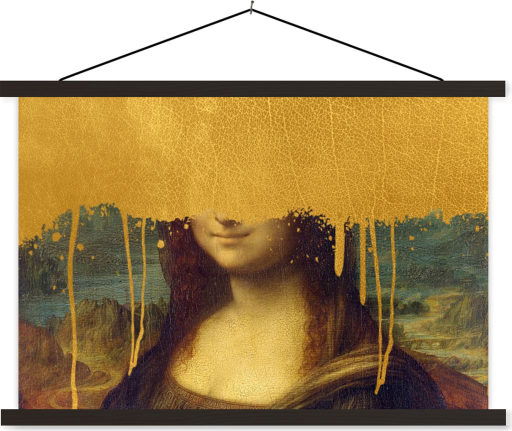 MuchoWow Textilposter Mona Lisa - Gold - Da Vinci 150x100 cm mit schwarzem Rahmen - Schlafzimmer