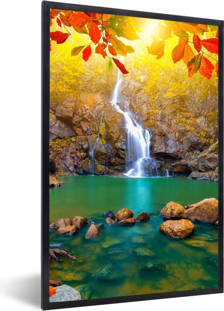 MuchoWow Gerahmtes Poster Steine - Baum - Wasserfall - Herbst - Rot 40x60 cm - Poster mit Schwarzem Bilderrahmen Wandposter Rahmen Foto Bilder - ...