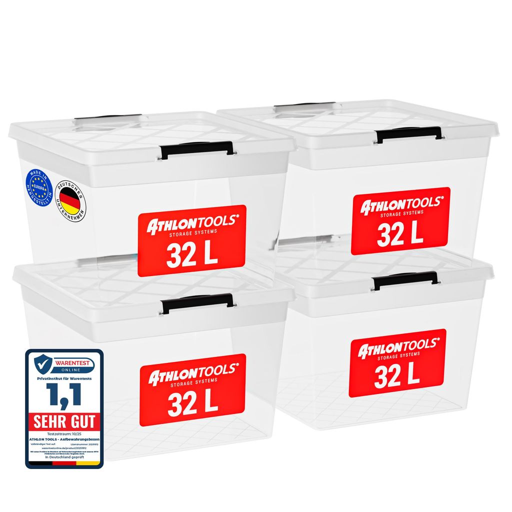 ATHLON TOOLS 4 x 32L Aufbewahrungsboxen mit Deckel - rot Produktbild 