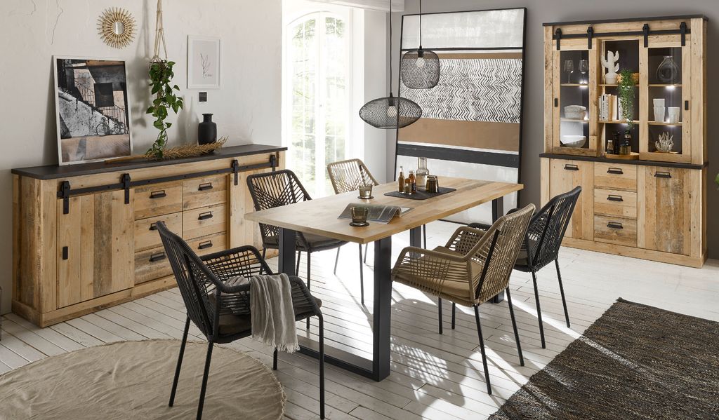 Esszimmer Set "Stove" in Used Wood Speisezimmer 3-teilig mit Buffetschrank, Esstisch und Sideboard