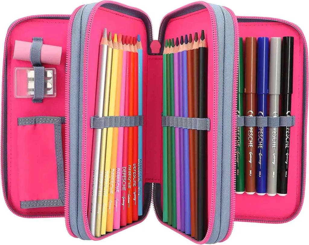 Trousse à crayons TOPModel 3 compartiments et décoration pins silicone