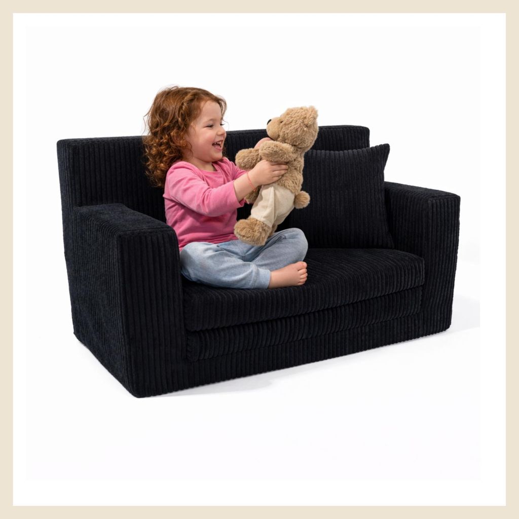 Kindersofa aus Schaumstoff Schwarz, ausklappbar und bequem, Polstersofa für Kinderzimmer zum Sitzen, Lesen und Entspannen