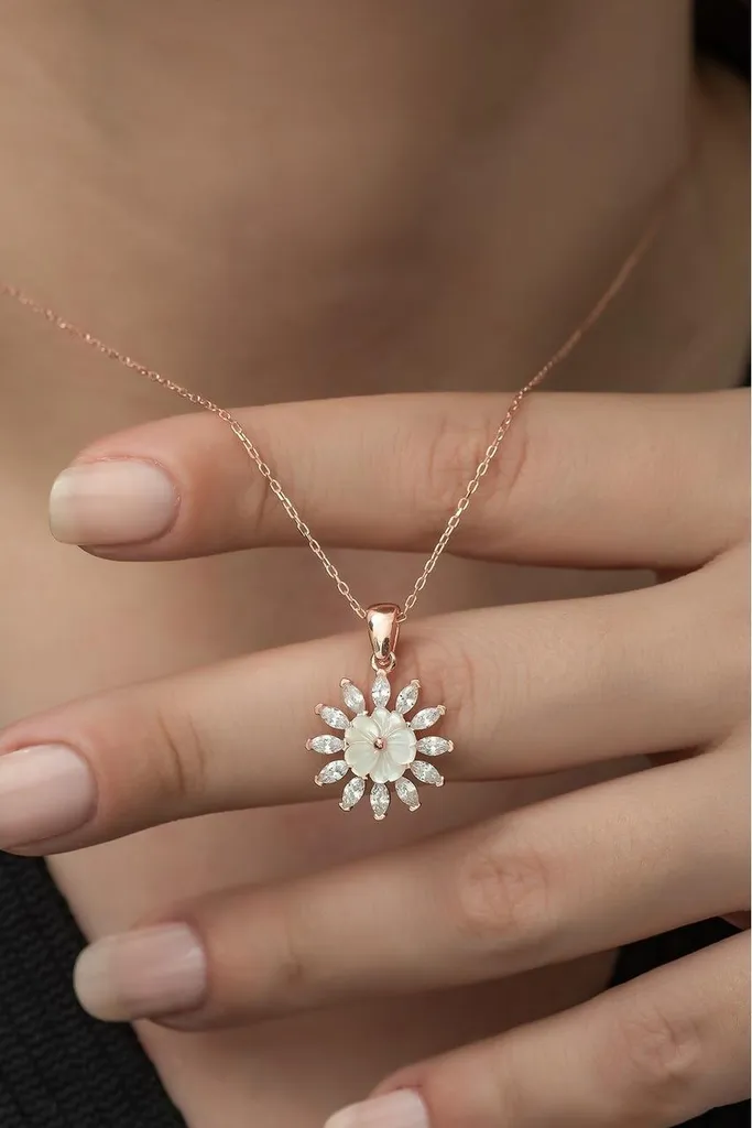 Pendentif Magnolia en Argent et Or Rose avec Pierres Scintillantes
