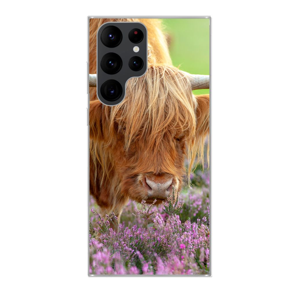 MuchoWow Handyhülle Schutzhülle Hülle für Samsung Galaxy S22 Ultra Schottischer Highlander - Lila - Blumen Silikon Softcase Handy Hülle - Ab...