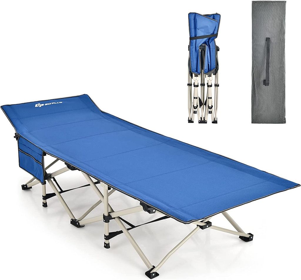 GOPLUS Campingbett mit Kopfstütze & Seitentasche, Feldbett klappbar mit Tragetasche, bis zu 300 kg, Campingliege X-Förmig Metallrahmen