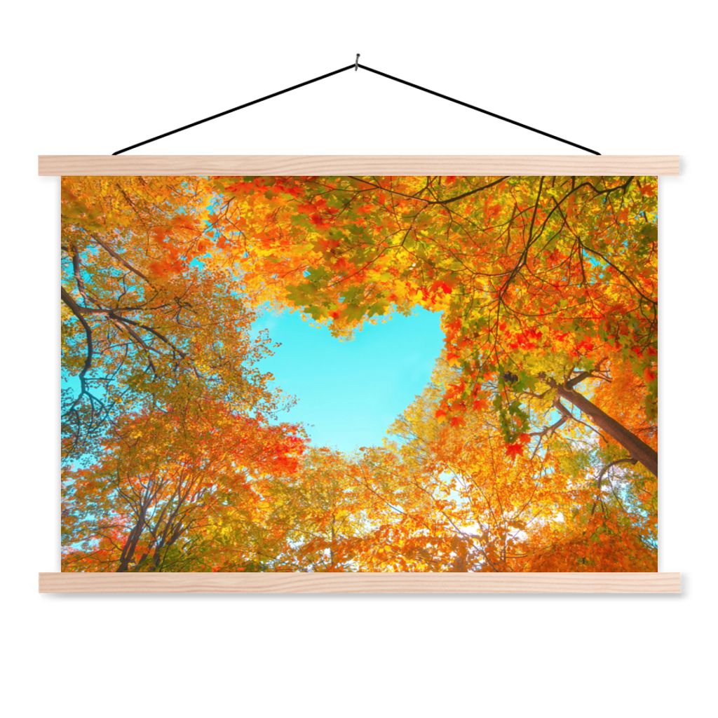 MuchoWow Textilposter Bäume - Herbst - Herz - Natur - Orange - Herz 120x80 cm mit holzfarbenen Rahmen - Aufhängeset