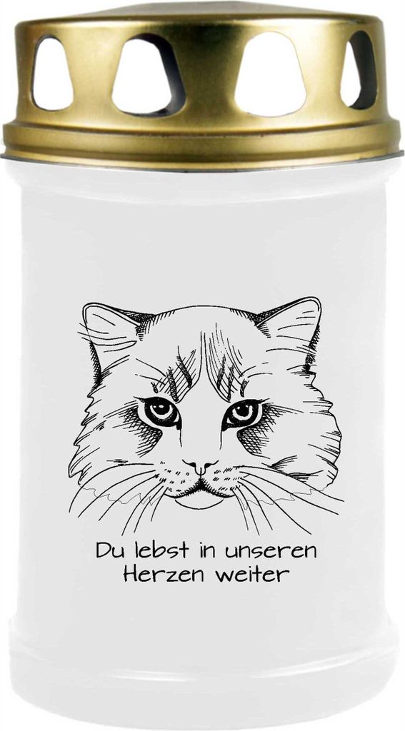 Grabkerze Weiß, Brenndauer: 48 Stunden, Motiv: Katze 2