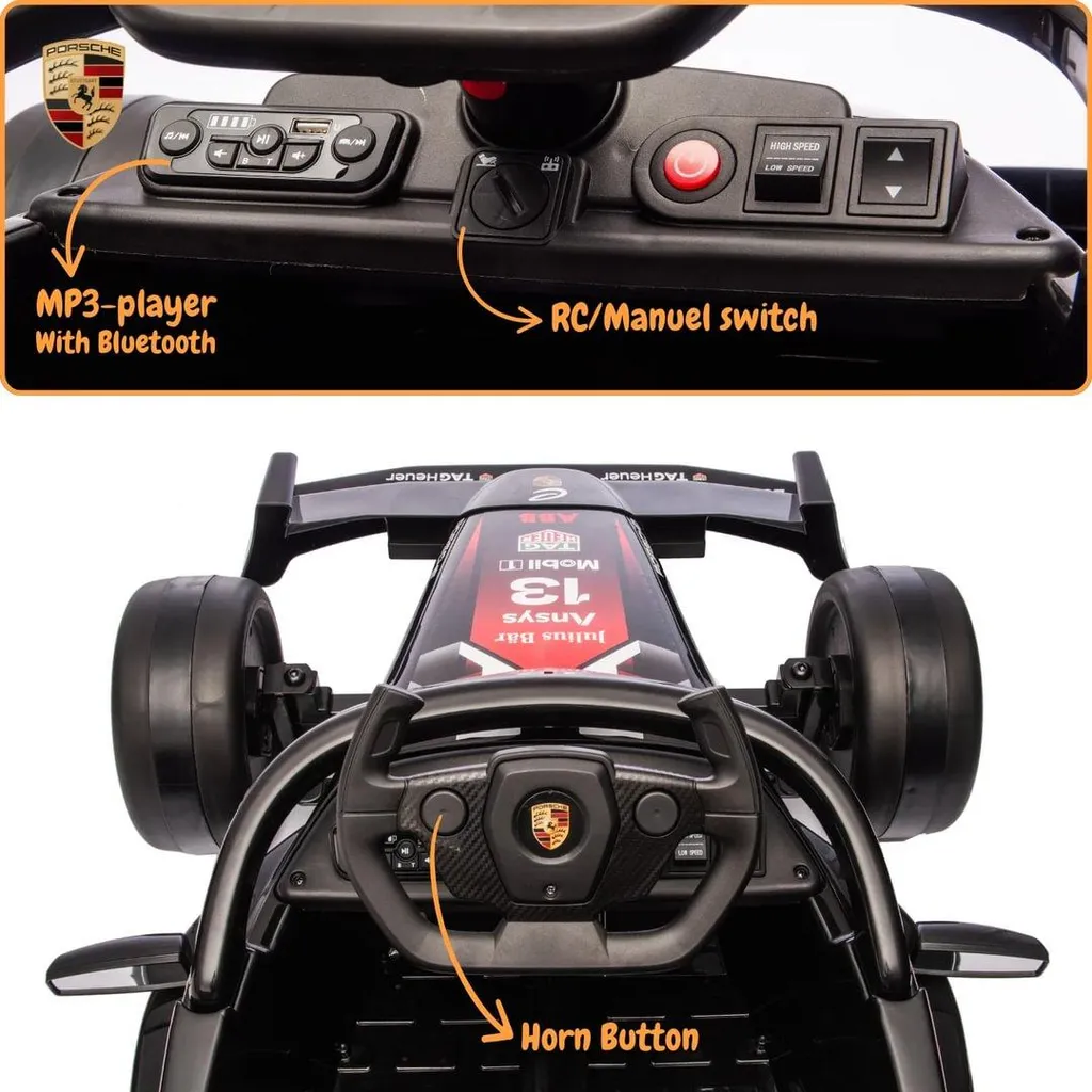 Porsche Formule E 12V noire : démarrage progressif, Bluetooth et commande parent - 8