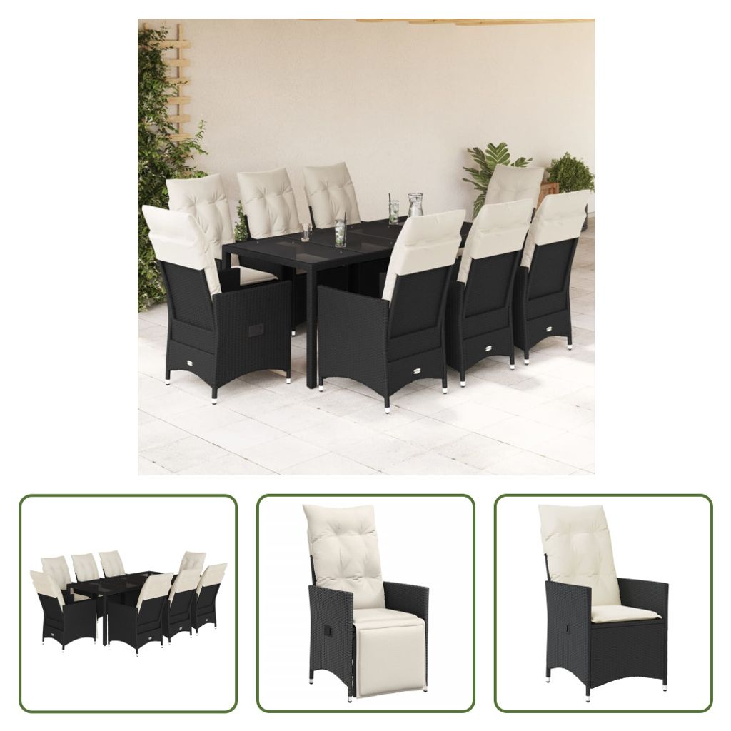 The Living Store 9-tlg. Garten-Essgruppe mit Kissen Schwarz Poly Rattan